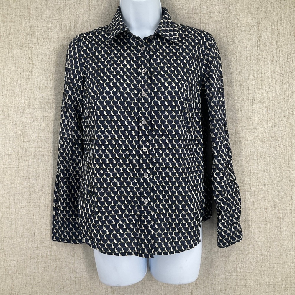 Talbots Button Down Shirt Womens 4P Navy Cotton Dog Novelty Print Classic Preppy